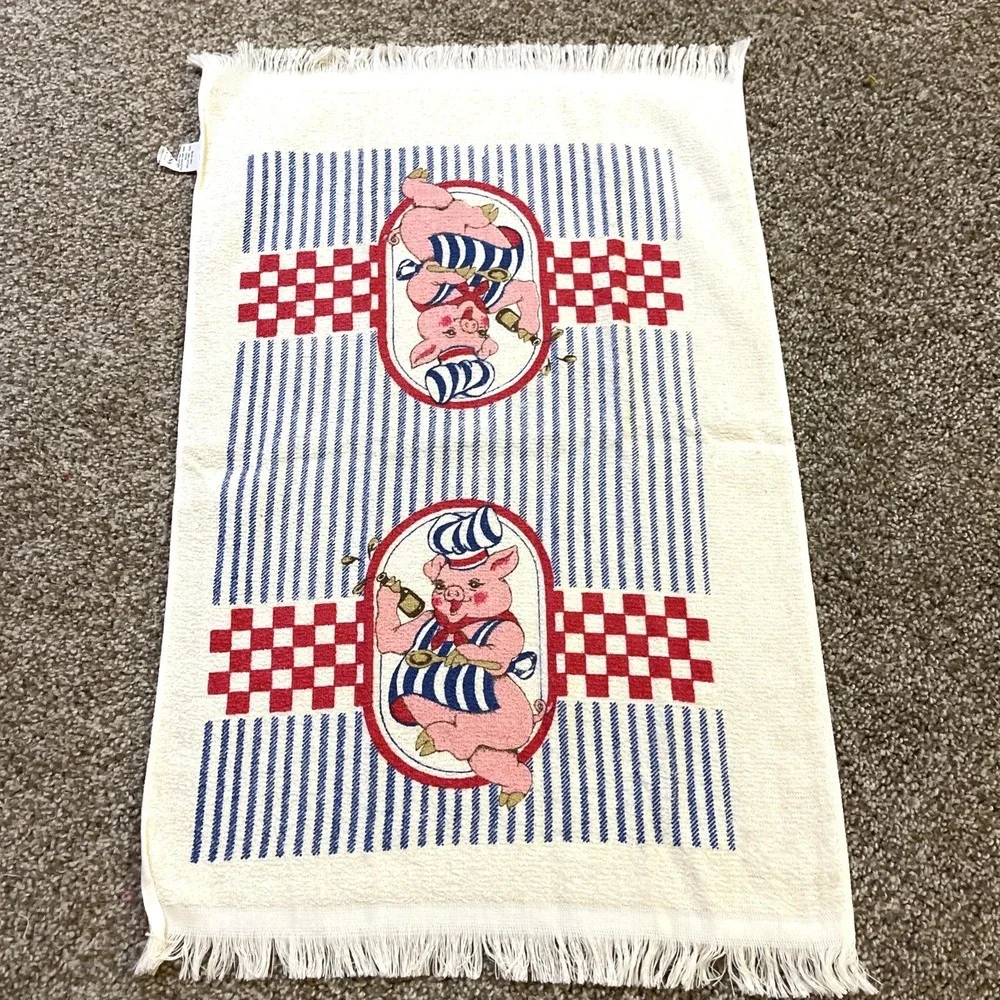 VTG CANNON Hand Kitchen Towel Fringe‎ 70s NOS Farmhouse Pig Chef Plaid Stripe